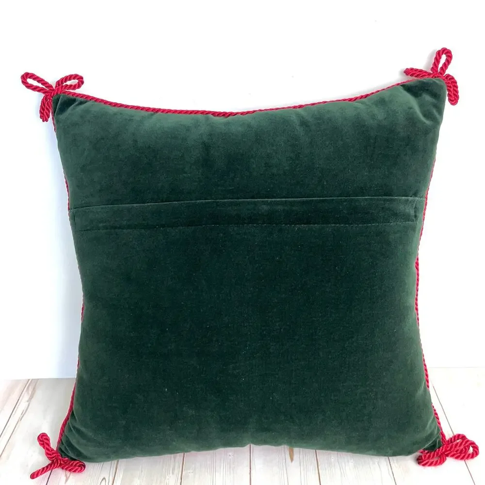 Rustic Pine and Plaid Needlepoint Pillow Braided Trim with Bows Velvety Back